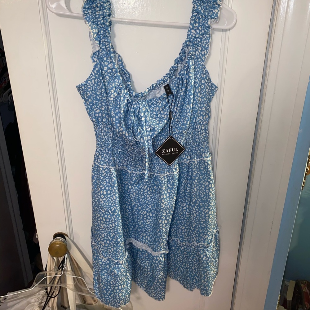 Off-the-shoulder Blue and White Floral Dress